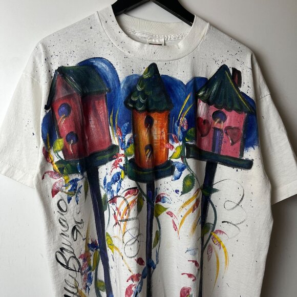Vintage 90s Bird House Painted T Shirt Adult White XL Extra Large Single Stitch - Picture 9 of 13